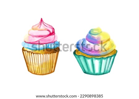 Watercolor and drawing for fresh sweet colorful rainbow cupcakes isolated on white background. Digital painting of homemade bakery, dessert and food illustration.