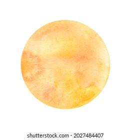 Watercolor Drawing Full Moon Isolated On White Background. Yellow Round Spot. Heavenly Body. Halloween.