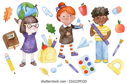 Watercolor Drawing. Funny Children, Schoolchildren. Back To School Theme, Set Of Cute Characters Kids Dark Skin, Educational Items