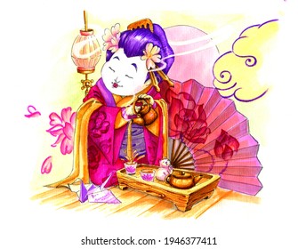 Watercolor Drawing Geisha Tea Cerimonium