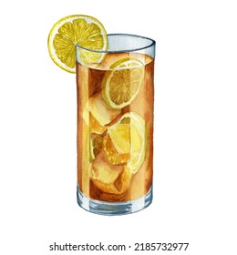 Watercolor Drawing Glass With Long Island Iced Tea Cocktail At White Background,hand Drawn Illustration