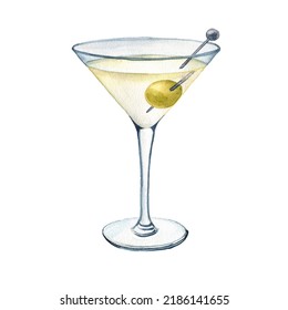 watercolor drawing glass with martini cocktail at white background,hand drawn illustration
