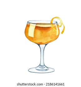 Watercolor Drawing Glass With Sidecar Cocktail At White Background,hand Drawn Illustration