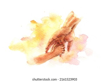 Watercolor Drawing Hands Dad And Child On Splashed Colorful Background