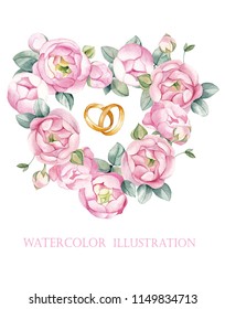 
Watercolor Drawing. Heart Of Pink Peonies With Wedding Rings.