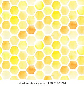 
watercolor drawing, honeycomb seamless pattern. cute abstract background with yellow honeycombs isolated on white background. design for wallpaper, fabric, wrapping paper
