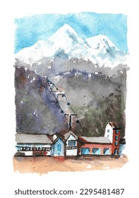 Watercolor drawing house in the mountains  A village in the middle forest and snow  capped mountains in the background 