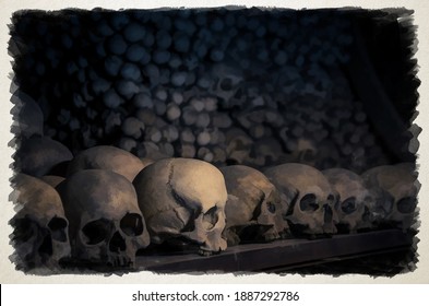 Watercolor drawing Human bones   skulls  Pile skulls  Skulls collection  Symbol death  fear   evil  Kostnice Church in Kutna Hora 