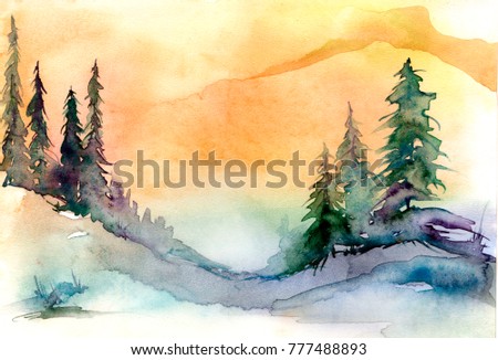 Watercolor drawing, illustration. Forest landscape, fir, pine, tree, cedar, orange sky, sun, sunset, sunrise. Splash paint, abstract illustration. Art painting. Winter landscape.