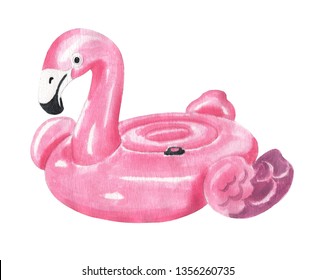 Watercolor Drawing Of Inflatable Pool Flamingo. Isolated Summer Illustration