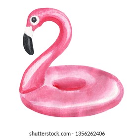 Watercolor Drawing Of Inflatable Pool Flamingo. Isolated Summer Illustration