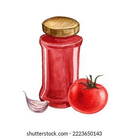 Watercolor Drawing Jar With Marinara Sauce, Tomato And Garlic Clove, Hand Drawn Illustration