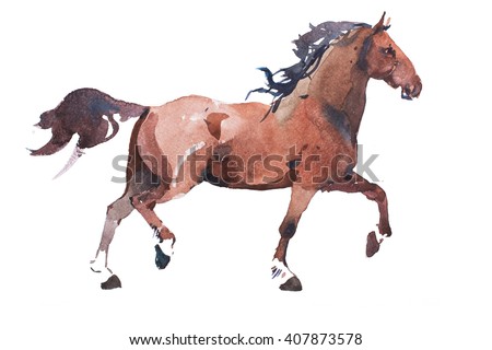 watercolor drawing of jogging horse, young mustang doing dogtrot aquarelle painting