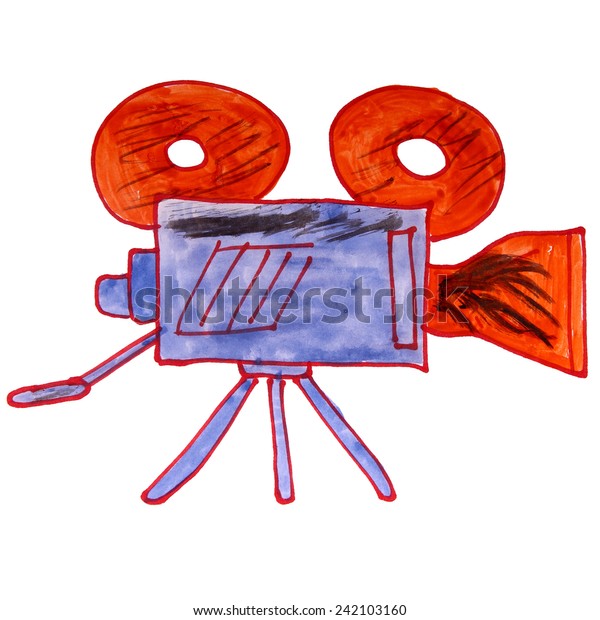watercolor drawing kids cartoon video camera\
on a white\
background