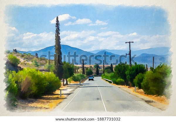 Watercolor drawing of Landscape of Cyprus with cars\
vehicles riding asphalt road in valley with dry fields, cypress\
trees and roadside poles, Troodos mountain range and hills, blue\
sky in sunny\
day