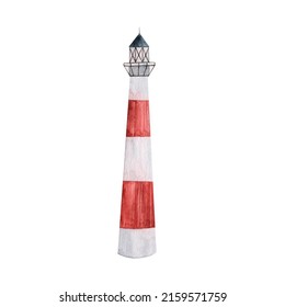 Watercolor Drawing Lighthouse Isolated On White Background. Marine Building.