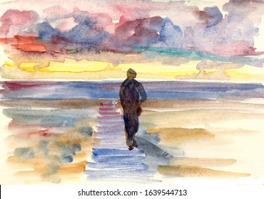 watercolor drawing man walking to the sea at sunset