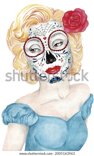 水彩画メキシコの頭蓋骨マリリン モンロー のイラスト素材