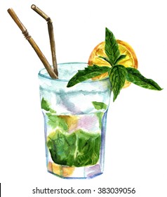 A Watercolor Drawing Of A Mojito Cocktail With Mint Leaves, A Wedge Of Lemon, And Drinking Straws, On White Background