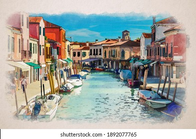 Watercolor drawing of Murano islands with water canal, boats and motor boats, colorful traditional buildings, Venetian Lagoon, Province of Venice, Veneto Region, Italy. Murano postcard cityscape.
