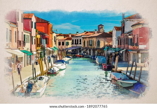 Watercolor drawing of Murano islands with\
water canal, boats and motor boats, colorful traditional buildings,\
Venetian Lagoon, Province of Venice, Veneto Region, Italy. Murano\
postcard\
cityscape.