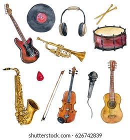 Watercolor Drawing Music Set, Isolated Musical Instruments, Hand Drawn Illustration