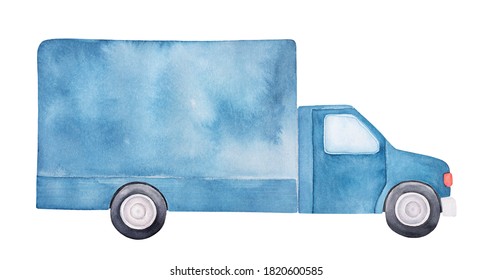 Watercolor Drawing Of Navy Blue Delivery Truck With Black Wheels And Large Blank Body. Handdrawn Water Color Graphic Illustration, Cut Out Clipart Element For Design, Poster, Postcard, Banner, Print.