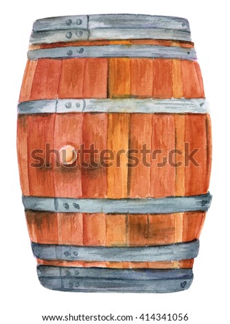 A watercolor drawing of an old oak wood wine barrel, hand painted on white background