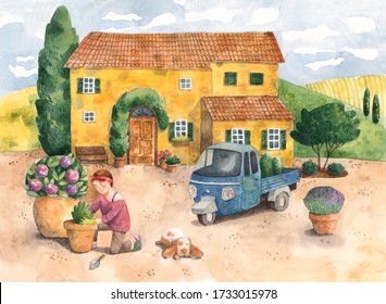 Watercolor drawing of an old yellow house with small Italian truck and a young woman planting flowers on a front yard. Tuscany or Provence landscape. Illustration of a villa in Southern Europe.
