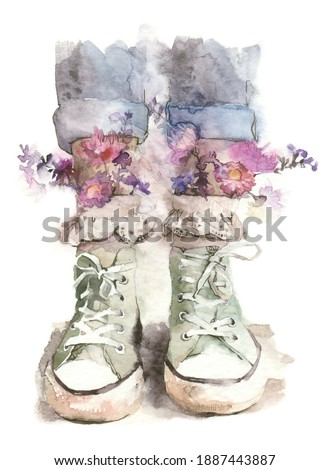 watercolor drawing on a white background close-up of legs in jeans and pastel sneakers from white socks with guipure flowers of pink and lilac shades in hippie style