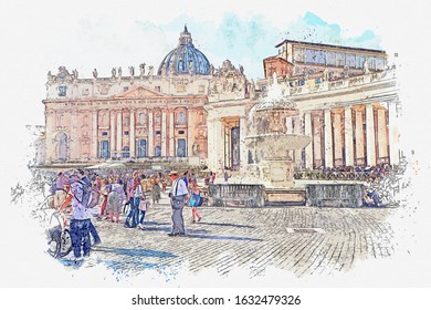 Watercolor Drawing Painting Saint Peters Square Stock Illustration ...