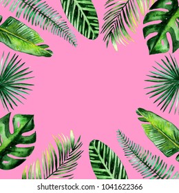 Watercolor drawing of palm leaf. Tropical frame illustration