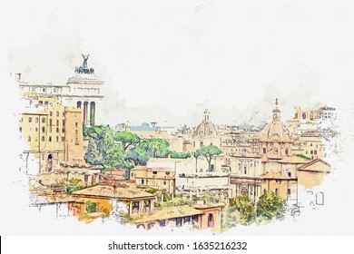 Watercolor Drawing Picture Of City Scape View Of Rome Italy.