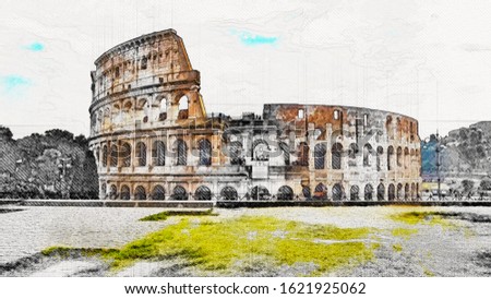 Watercolor drawing picture of Colosseum at Rome Italy.