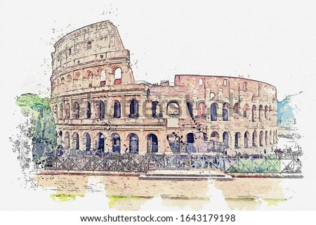 Watercolor drawing picture of Colosseum at Rome Italy.