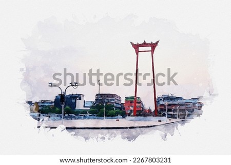 Watercolor drawing picture of downtown and famous landmark at Bangkok Thailand.