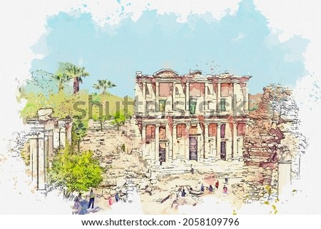 Watercolor drawing picture of Epheus famous landmark at Turkey.