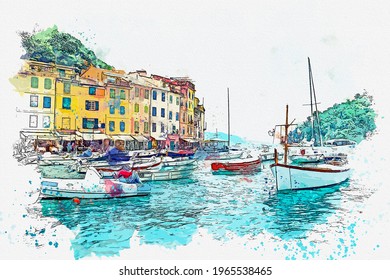 Watercolor Drawing Picture Of Portofino Coast Beautiful Town At Italy.