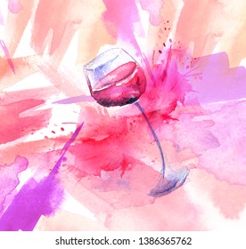 Watercolor drawing, postcard, invitation. Spilled wine, a fallen glass, a wine glass. Splash paint, a spilled drink, a spray. The illustration is made in watercolor. Modern art. 