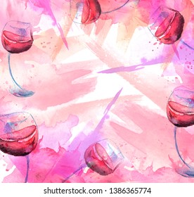 Watercolor drawing, postcard, invitation. Spilled wine, a fallen glass, a wine glass. Splash paint, a spilled drink, a spray. The illustration is made in watercolor. Modern art. 