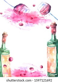 Watercolor drawing, postcard, invitation. Spilled wine, a fallen glass, a wine glass. Splash paint, a spilled drink, a spray. The illustration is made in watercolor. Modern art. Bottle of red wine.