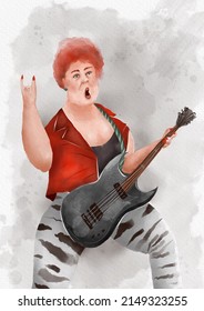 Watercolor Drawing.  Rocker Grandma With Guitar