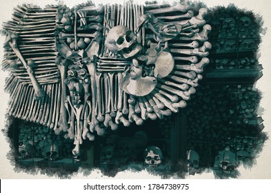 Watercolor drawing Royal coat arms made human bones   skulls and pile skulls background  Kostnice Church in Kutna Hora 