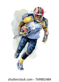 Watercolor Drawing Of A Running American Football Player With A Ball