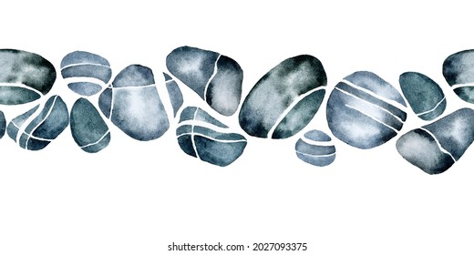 watercolor drawing. seamless border of sea stones. river pebbles, blue-gray with white veins, stripes. web banner, frame, border. isolated on white background