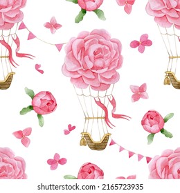 watercolor drawing seamless pattern hot air balloon flowers  delicate print for girls  delicate  pink rose  peony flowers white background 
