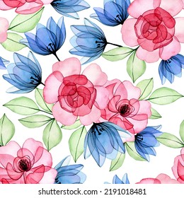 watercolor drawing  seamless pattern transparent flowers   rose leaves  pink rose   blue tulips x  ray
