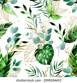 
watercolor drawing. seamless pattern with tropical leaves of palm, monstera, banana, eucalyptus. green and gold leaves. elegant print on white background