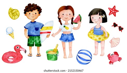 watercolor drawing. set of cute characters of children on the beach. boy and girls in bathing suits, swimming circle, toys - Powered by Shutterstock