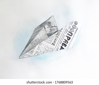 Watercolor Drawing Of A Ship Made Of Paper. Pravda Newspaper Nostalgia Of The USSR